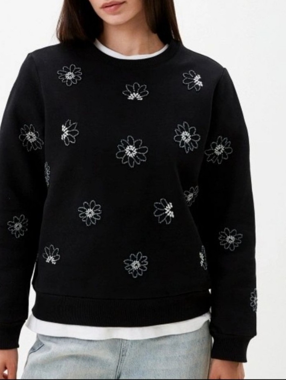 Desigual Black Crewneck Sweater with White Beaded Floral Accents